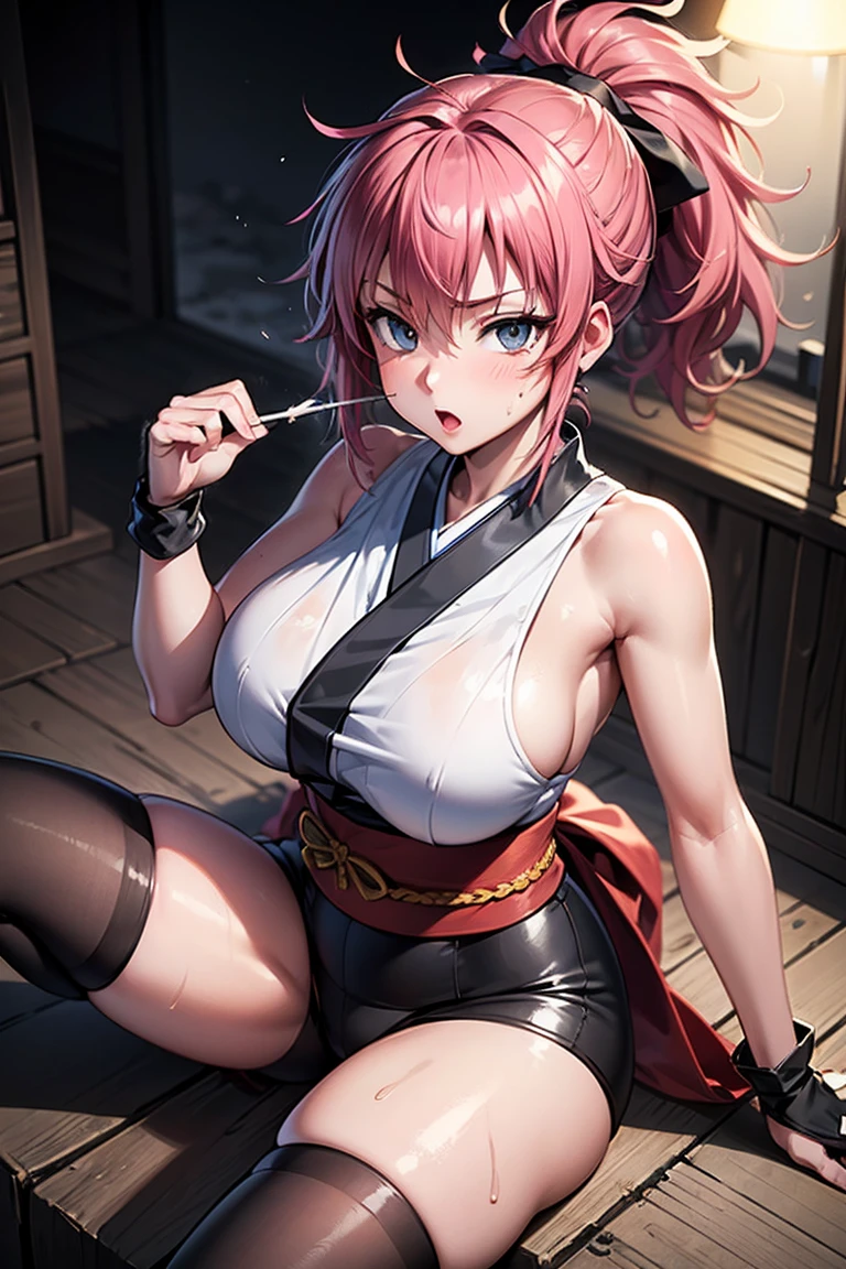 masterpiece, Highest quality,  Unreal Engine,  Super Resolution, Very detailed, 

Beautiful woman, machi, short kimono, no furisode, obi, sash, fingerless gloves, bike shorts, socks,thighhighs,tabi, ponytail,hair_ornament, Vivid expression, Healthy Body, Smooth skin texture, Carefully drawn, 

(humidity:1.5), Beautiful Eyes, (Attractive face:1.2), (Beautiful Skin), Tight waist, (Big Breasts), (Sticky with sweat), Dynamic pose, 

In the world of Hunter Hunter, Outdoor, Slums at night,