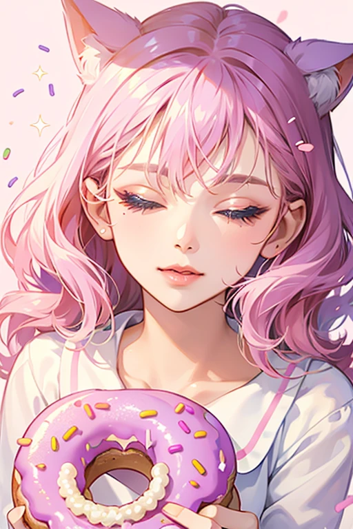 A donut GIRL cat with her head covered in lavender icing and pearl pink sprinkles. She has no mouth and one eye shut. SPARKLE; GLITTER