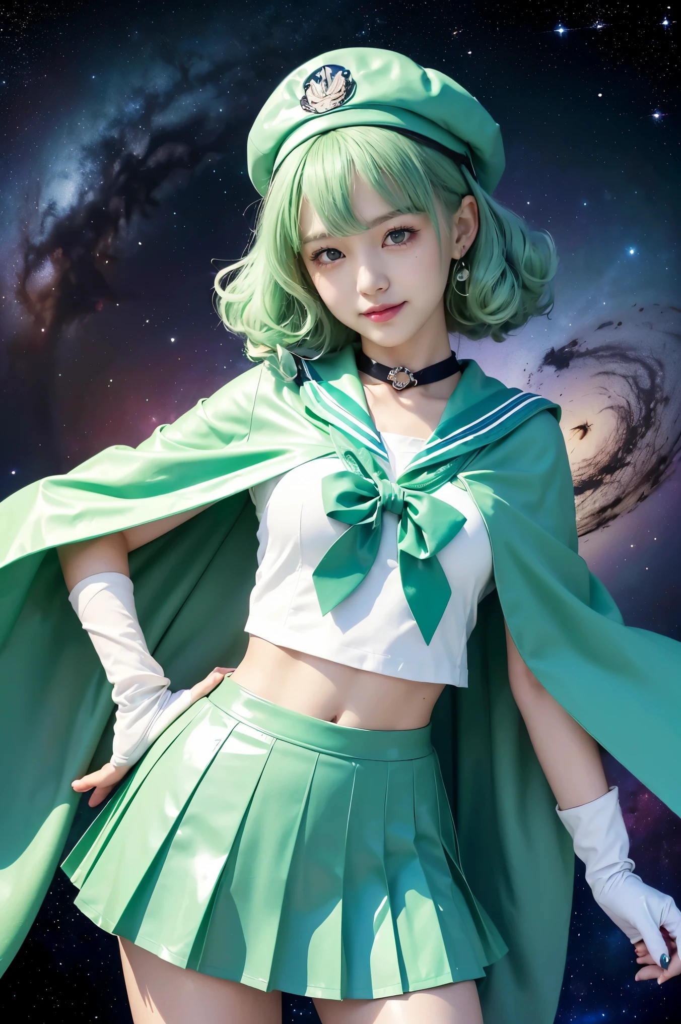 (((Mint green hair、Medium Curly Hair、beret)))、(((A Japanese girl wearing a shiny short-sleeved sailor uniform with elbow gloves and a cloak over it.,smile)))、(((Light mint green latex sailor collar)))、(((Light mint green latex pleated skirt)))、choker、Earrings、ribbon、((belly button))、 (((Sailor Warrior Uniforms)))、、Beautiful ornaments: 美しいPerfect Face, Soft Skin、Perfect Face, Intricate details, Splash screen, 8k resolution, masterpiece, Cute Face、(((Space Background)))、Queen of Queens、(masterpiece, Highest quality, Highest quality, Official Art, Beauty and aesthetics: 1.2), (One girl: 1.3)