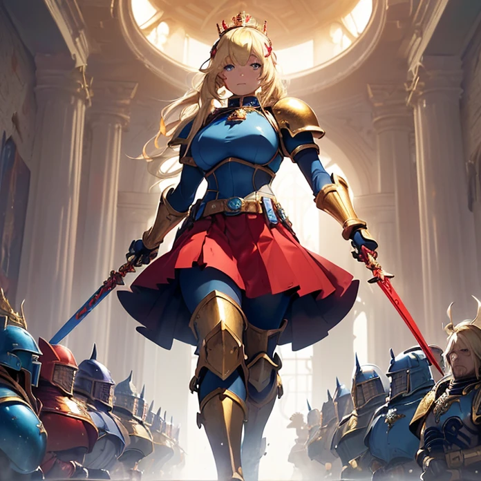 High Resolution, Masterpiece, fantasy genre, HD, High Quality, Backlighting, Overexposure, Optical Illusion, Silhouette, front view,
Anime Style, Digital Art, character alone cowboy-shot view, Warhammer 40K aesthetic
{{((female space marine 80 years old knight queen): (blonde medium length straight hair with fringes tied in a tail with a blue ribbon, beautiful face, face freckles, dark-blue eyes, elegant smile, relaxed expression, tall body), ((huge bulky knight armor, red shoulder plates with golden trims, golden cuirass, golden belly armor, golden crowned roaring lion face on cuirass, red elbow plates, blue arm plates, blue gauntlets, golden belt, blue hip armor plates, red skirt under armor, red and blue armored bulky boots), (golden royal long sword)), (walking alone on patrol while holding the royal sword, rotal british castle hall))}}