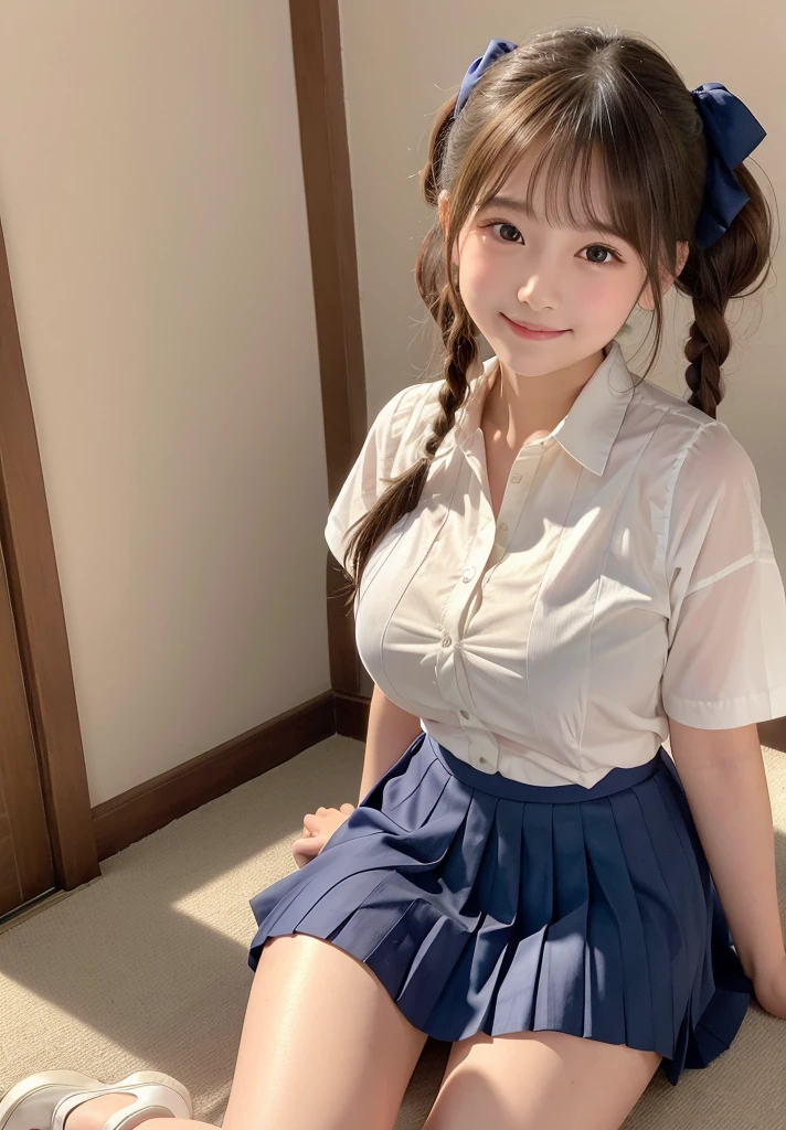 (Highest quality,masterpiece:1.3,Ultra-high resolution),(Very detailed、Caustics) (Realistic:1.4, RAW shooting、)Ultra-Realistic Capture、Very detailed、Natural skin texture、masterpiece、(A Japanese elementary school girl wearing a white shirt with a navy blue ribbon and a pleated skirt:1.3), Adorable expression、Expressions of happiness、、height: 145cm、Baby Face、Amazingly cute、Twin tails、Curly Hair、Scrunchie、Black Hair、light makeup、(H-cup busty)、Shining thighs、Bare arms、Background details、smile、An inviting gaze、Anatomically correct、Cowboy Shot、Attention to detail、Straddling the sheets in a private room at a sex shop、Open your legs wide from side to side、White panties are visible、Tight shirt