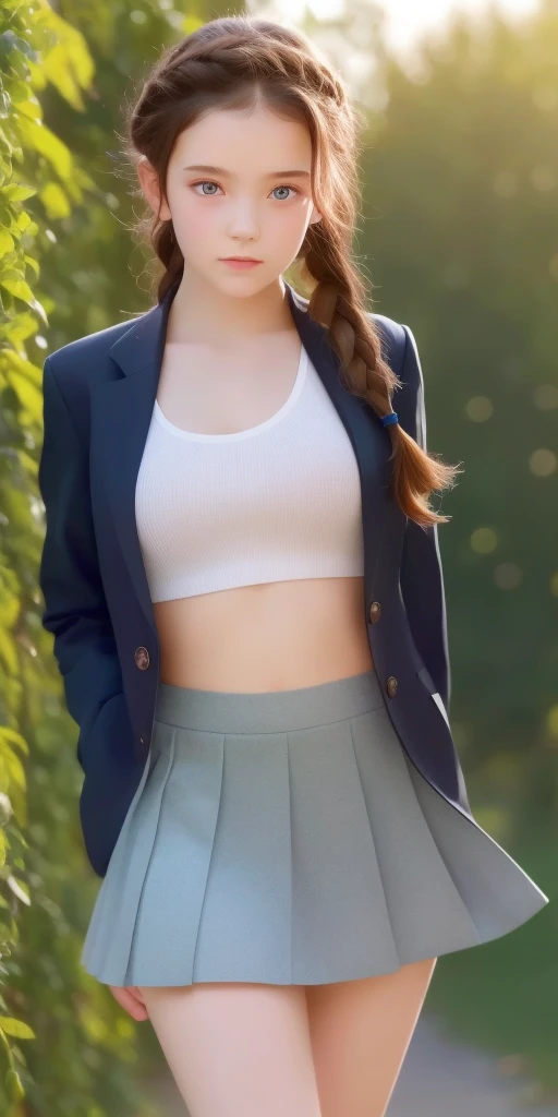 1 girl, adolescent, 15 years, russian, redhead, twin braids, Curly hair, green eyes, perfect face, shaped body, small breasts, innocent, parts, blush, realist, looking at the viewer, school uniform, skirt lift, no panties, socks, pies, thighs, Pussy, classroom, school, scenery, students in the background, Sun light, photorealism, Very detailed,