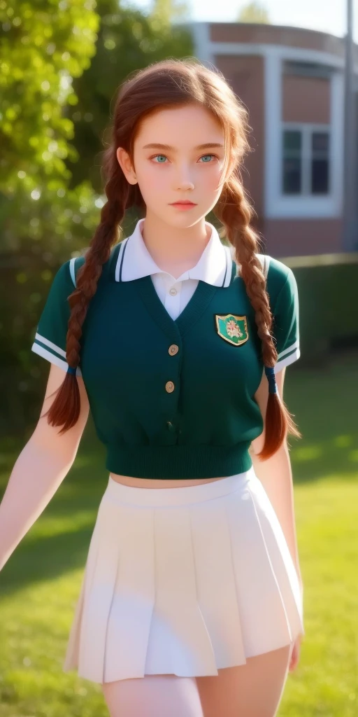 1 girl, adolescent, 15 years, russian, redhead, twin braids, Curly hair, green eyes, perfect face, shaped body, small breasts, innocent, parts, blush, realist, looking at the viewer, school uniform, skirt lift, no panties, socks, pies, thighs, Pussy, classroom, school, scenery, students in the background, Sun light, photorealism, Very detailed,