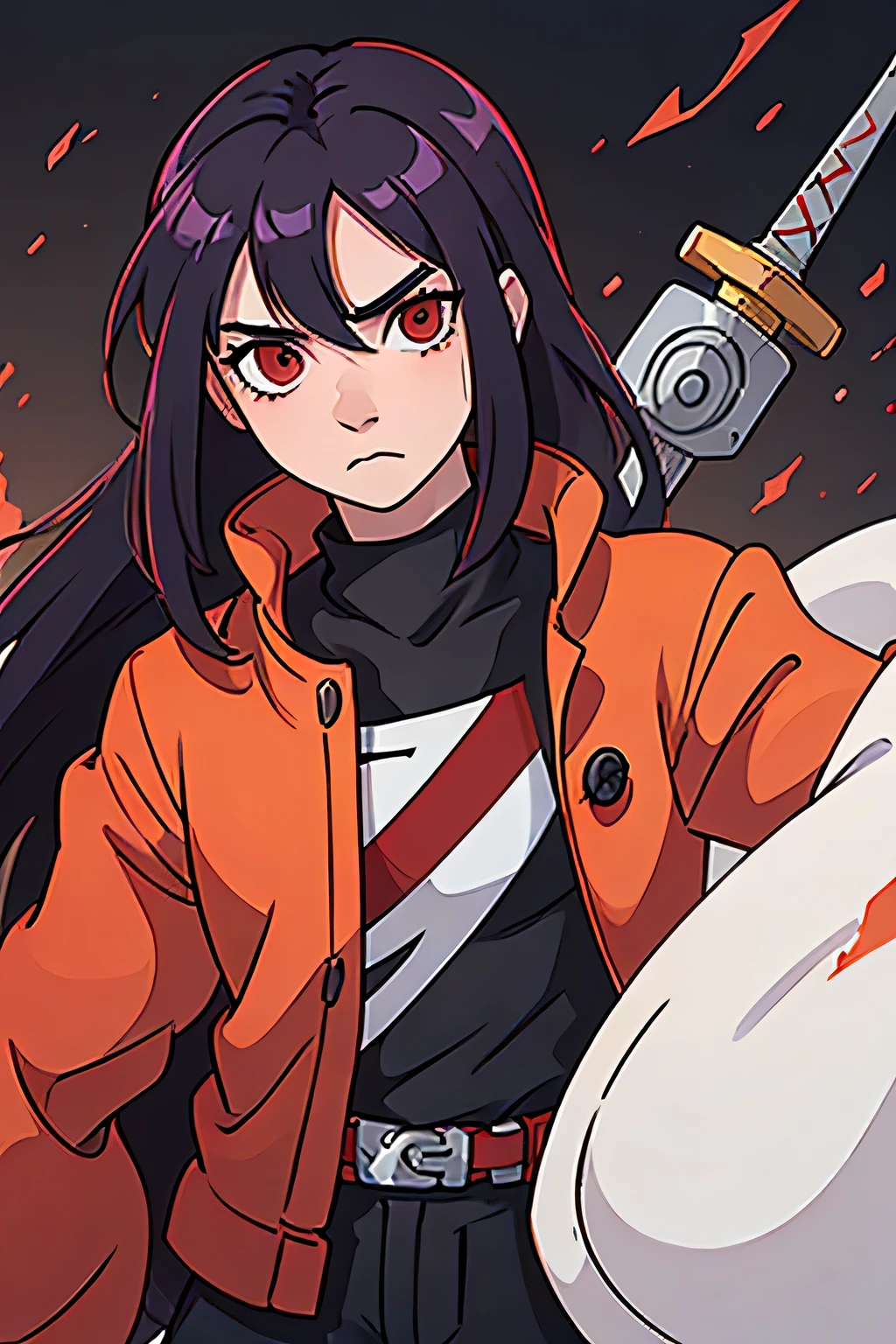 create for me a male character within the naruto universe with long hair and red eyes wearing a coat with two swords