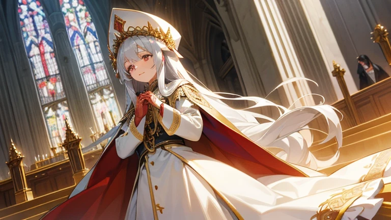 In front of the altar of a majestic church、casting judgement with magic, her voice echoing beautifully. Magic gathers around her, enveloping her in a holy aura as she chants girl with long silver hair, Classic White Wedding Dresses, long white embroidered gloves, pope's clothing and hat, long hair, , ceremonial robes, mass vestments, , enormous puffy sleeves, long cuffs with many buttons, golden embroidery, cross details, Long Train, lots of frills and lace, red capes, gently reaches out to you, gentle smile