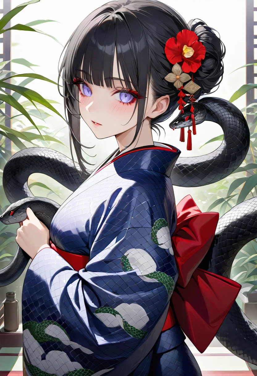 girl,,Black Hair、Iris,kimono,Beautiful Face,Snake Woman、poker face、Black snake pattern、turn around、The snake coils、蛇の鱗模様のkimono、With the snake、Personal illustrations、masterpiece, Highest quality, Super detailed, Detailed eyes, white,To maintain anonymity、The character&#39;s face is obscured by a pixelated area。