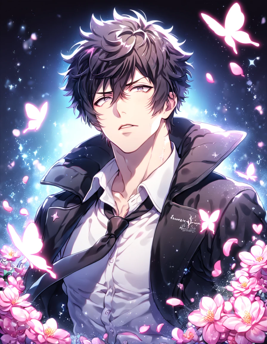 absurdres, highres, ultra detailed, HDR, master piece, best quality, Kougami Shinya, black hair, expressive gray eyes, Psycho Pass, solo, sexy man, handsome, sensual, horny, black coat with fur collar, white shirt, black necktie, water, fantasy, magical, shining, pink flowers, pink blossoms, pink petals, pink butterflies, sparkling glass, manly man