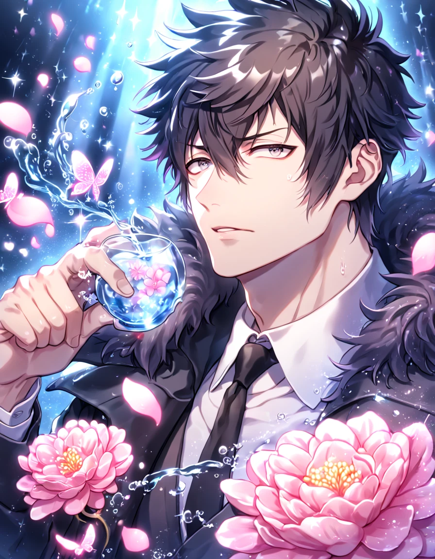 absurdres, highres, ultra detailed, HDR, master piece, best quality, Kougami Shinya, black hair, expressive gray eyes, Psycho Pass, solo, sexy man, handsome, sensual, horny, black coat with fur collar, white shirt, black necktie, water, fantasy, magical, shining, pink flowers, pink blossoms, pink petals, pink butterflies, sparkling glass, manly man