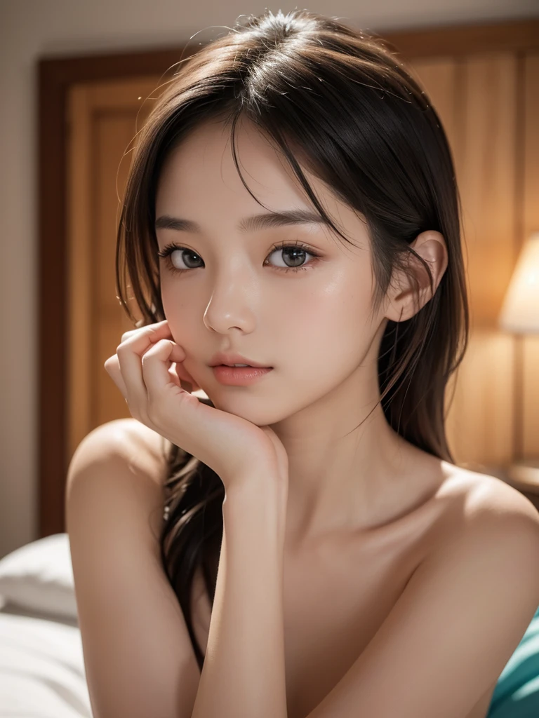 1girl,,Famous idol,1cute girl,very young face,masterpiece,high quality,small face,(very small tits:1.8）(Best quality, 8k, 32k, Masterpiece, UHD):1.2, Masterpiece, best quality, highres, RAW photo, extremely detailed CG, 16K, professional lighting, physically-based rendering, (nude:1.5), 12yo, Japane woman, solo, bishoujo, (pretty face:1.5), slit eye, beautiful eye, round face, small face, extremely detailed eyes and face, eyes with beautiful details, thin body, tall body, medium hair, wavy hair, bangs, in room, (anatomical:1.4),(Beauty of form:1.4) Golden ratio,