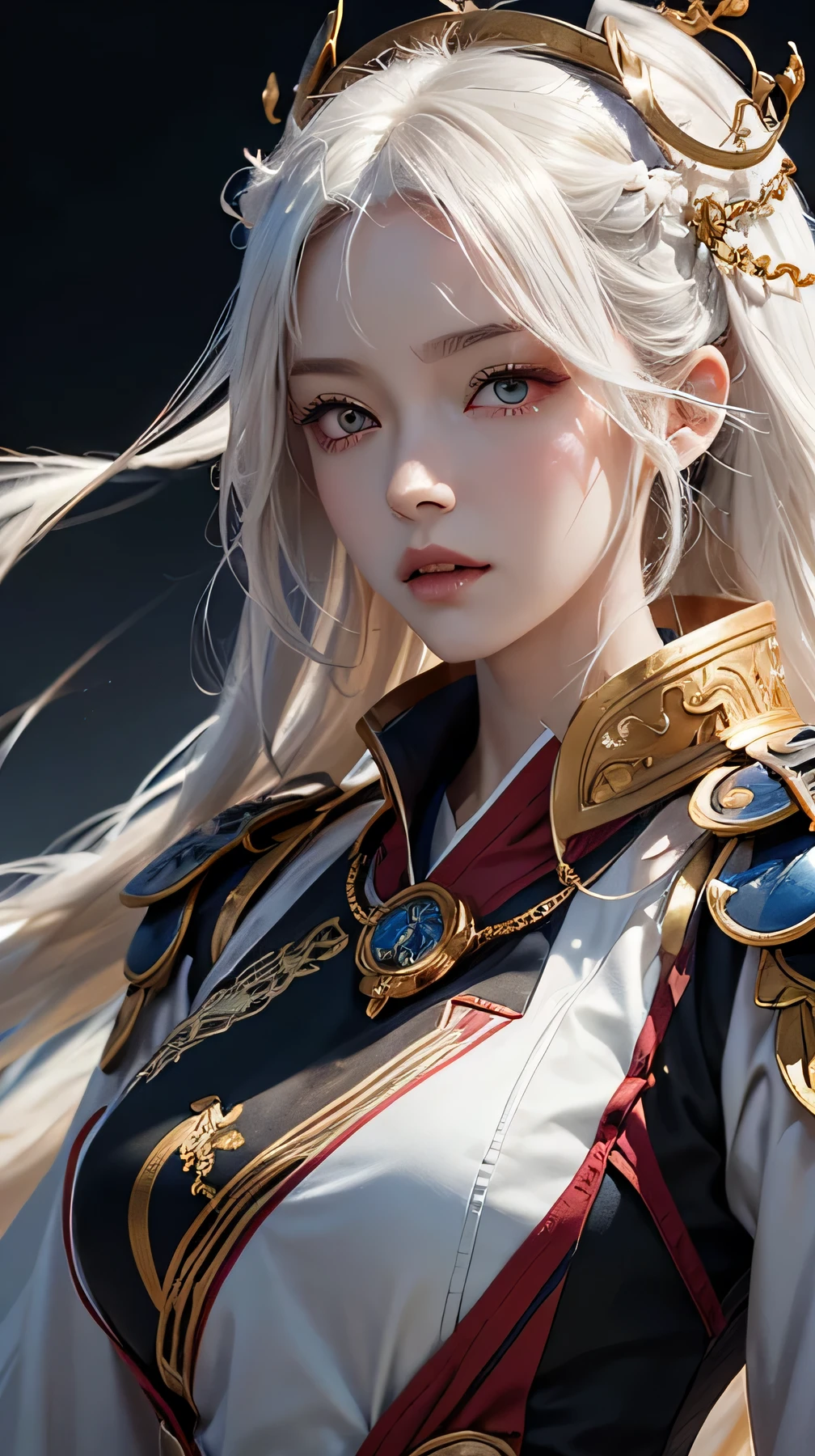 a close up of a woman in a costume with a sword, onmyoji detailed art, g liulian art style, from arknights, trending on artstation pixiv, by Yang J, cushart krenz key art feminine, guweiz on artstation pixiv, rossdraws sakimimichan, onmyoji, prompt:fantasy character with white, slightly tousled hair, pale skin, striking red eyes, intricate golden vine-like patterns, large red and gold wings, highly detailed, elegant, yet , full Armor