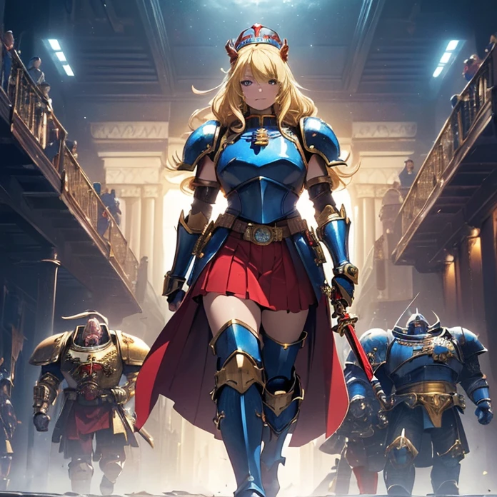 High Resolution, Masterpiece, fantasy genre, HD, High Quality, Backlighting, Overexposure, Optical Illusion, Silhouette, front view,
Anime Style, Digital Art, character alone cowboy-shot view, Warhammer 40K aesthetic
{{((80 years old space marine queen): (blonde medium length straight hair with fringes tied in a tail with a blue ribbon, beautiful face, face freckles, dark-blue eyes, elegant smile, relaxed expression, tall body), ((huge bulky knight armor, red shoulder plates with golden trims, golden cuirass, golden belly armor, golden crowned roaring lion face on cuirass, red elbow plates, blue arm plates, blue gauntlets, golden belt, blue hip armor plates, red skirt under armor, red and blue armored bulky boots), (golden royal long sword)), (walking alone on patrol while holding the royal sword, rotal british castle hall))}}