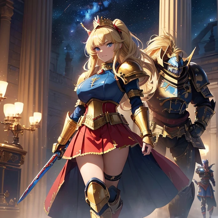 High Resolution, Masterpiece, fantasy genre, HD, High Quality, Backlighting, Overexposure, Optical Illusion, Silhouette, front view,
Anime Style, Digital Art, character alone cowboy-shot view, Warhammer 40K aesthetic
{{((80 years old space marine queen): (blonde medium length straight hair with fringes tied in a tail with a blue ribbon, beautiful face, face freckles, dark-blue eyes, elegant smile, relaxed expression, tall body), ((huge bulky knight armor, red shoulder plates with golden trims, golden cuirass, golden belly armor, golden crowned roaring lion face on cuirass, red elbow plates, blue arm plates, blue gauntlets, golden belt, blue hip armor plates, red skirt under armor, red and blue armored bulky boots), (golden royal long sword)), (walking alone on patrol while holding the royal sword, rotal british castle hall))}}