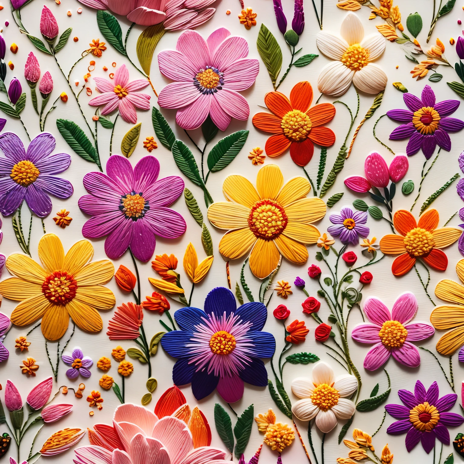 a beautiful embroidered pattern with many detailed flowers, intricate floral design, colorful vibrant petals, delicate embroidered textures, elegant artistry, soft lighting, warm color tones, photorealistic, masterpiece, highly detailed, 4k, best quality