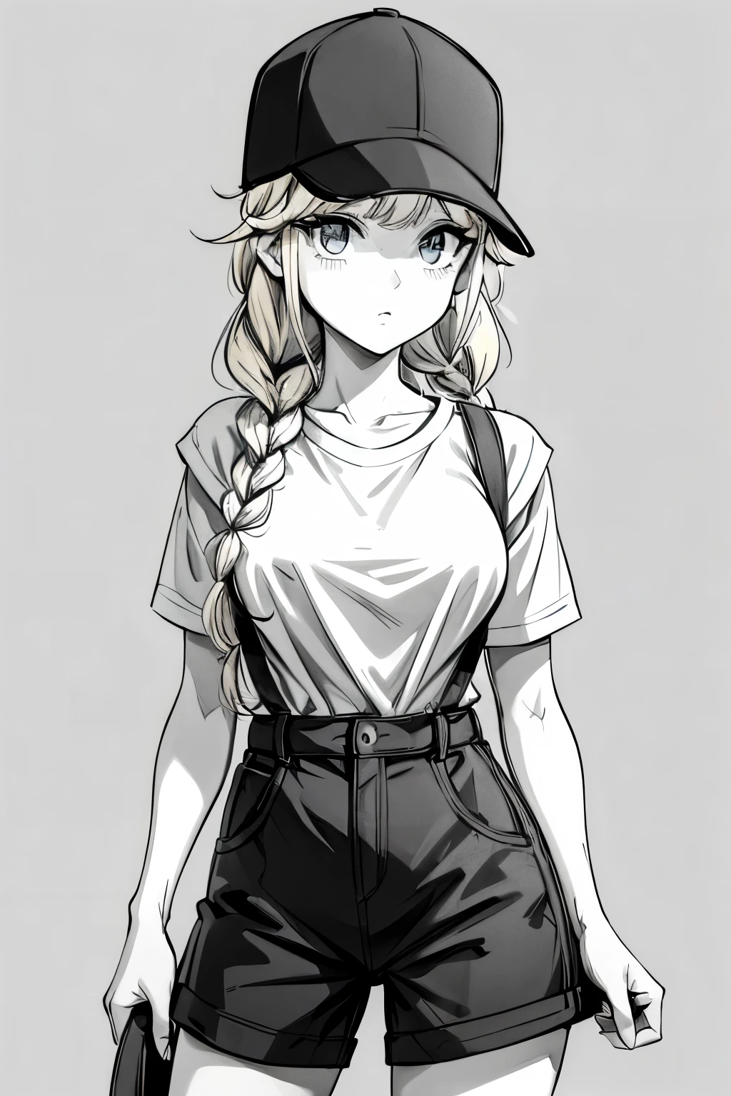 (((greyscale))),a picture of a cartoon girl that is sporting a baseball cap and overalls, 1girl, solo, braid, long hair, blue eyes, blonde hair, baseball uniform, shorts, hat, breasts, sportswear, baseball cap, open mouth, thighs, shirt tucked in, white background, looking at viewer, simple background, shirt, white shirt, short sleeves, belt, bangs,more_details:-1, more_details:0, more_details:0.5, more_details:1, more_details:1.5,Eiko Tsukimi, blue eyes, braid, twin braid, blonde hair, long hair,baseball cap