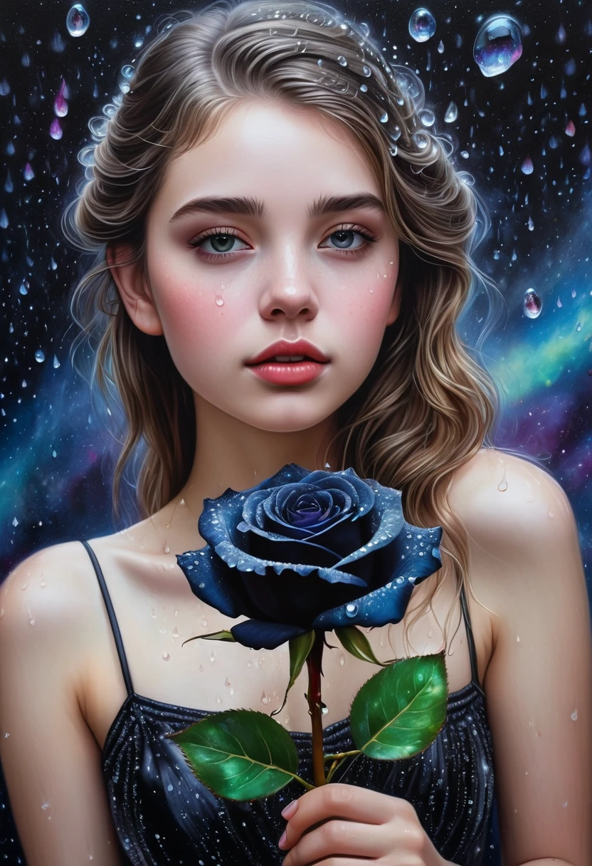 gorgeous 19 year old girl, beautiful, Darling, with a black rose in hand, dew drops on rose petals, ultra-detailed, hyperrealism, intricate details, Very detailed, crazy background with galactic constellations and northern lights, acrylic, shading