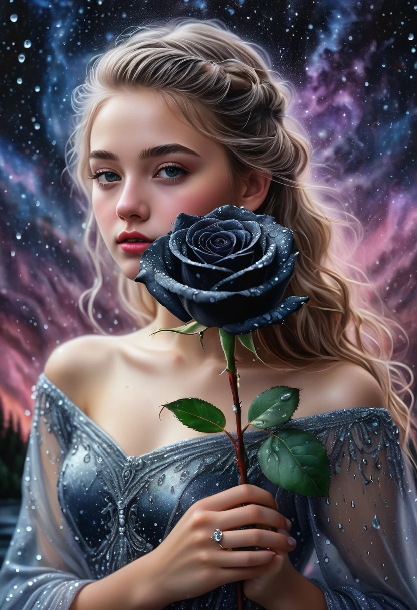 gorgeous 19 year old girl, beautiful, Darling, with a black rose in hand, dew drops on rose petals, ultra-detailed, hyperrealism, intricate details, Very detailed, crazy background with galactic constellations and northern lights, acrylic, shading