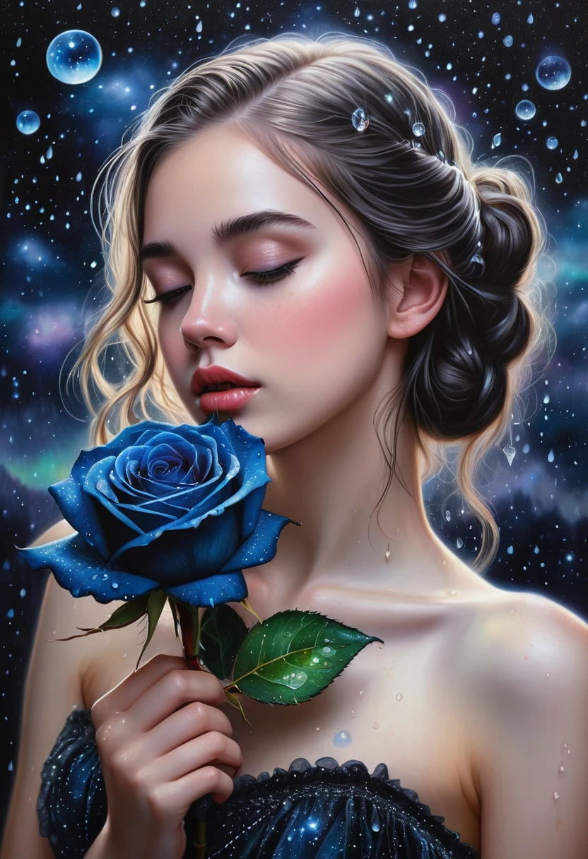gorgeous 19 year old girl, beautiful, Darling, with a black rose in hand, dew drops on rose petals, ultra-detailed, hyperrealism, intricate details, Very detailed, crazy background with galactic constellations and northern lights, acrylic, shading