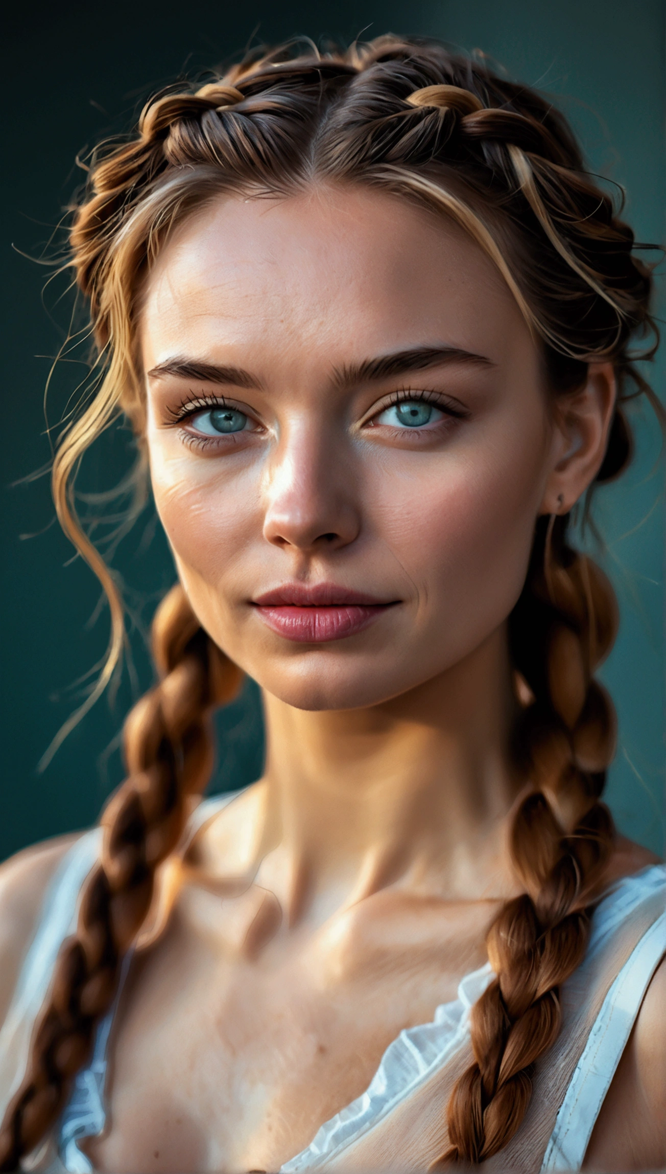 A photo of a 35 year old busty sexy woman, (sympathetic expression), perfect blue eyes, ultra textured skin, goosebumps, face looking straight at the camera, full-face, blonde hair braided into a thick braid tapering to the tip, which lies on her shoulder and goes down to her chest, her hair is ruffled by a light breeze, she is wearing a worn denim biker jacket over a tank top, skinny jeans and elegant high-heeled booties, group profile, Gothic buildings rise up, creating a sense of pride and grandeur. ((hard light: 1.4)), color Velvia 100, shot on Cinestill 800T, bokeh, sharp focus on the subject, shot by Manuela Marques