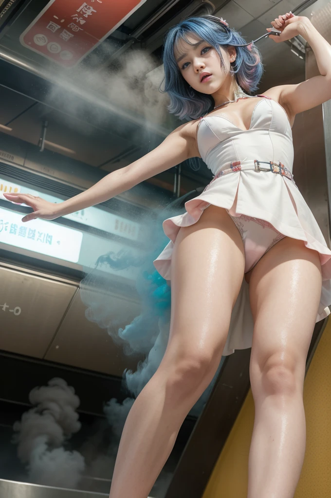 ((RAW photo), absurd, (absurdresolution)), masterpiece, best quality, (Extremely detailed 8k unity CG wallpaper), (best illustration), (best shadow), Realistic lighting, beautiful detailed glow, ((cute gorgeous girl, brown skin)), (perfect blue pupil, defined, sharp), (pink and blue hair, pastel colors), makeup, (simple red and white dress and white underwear), (bending over, left leg bent, arms outstretched holding her dress), ((Strong wind lifts her dress)), ((walking through steam vents, subway terminal)), ((view from below))