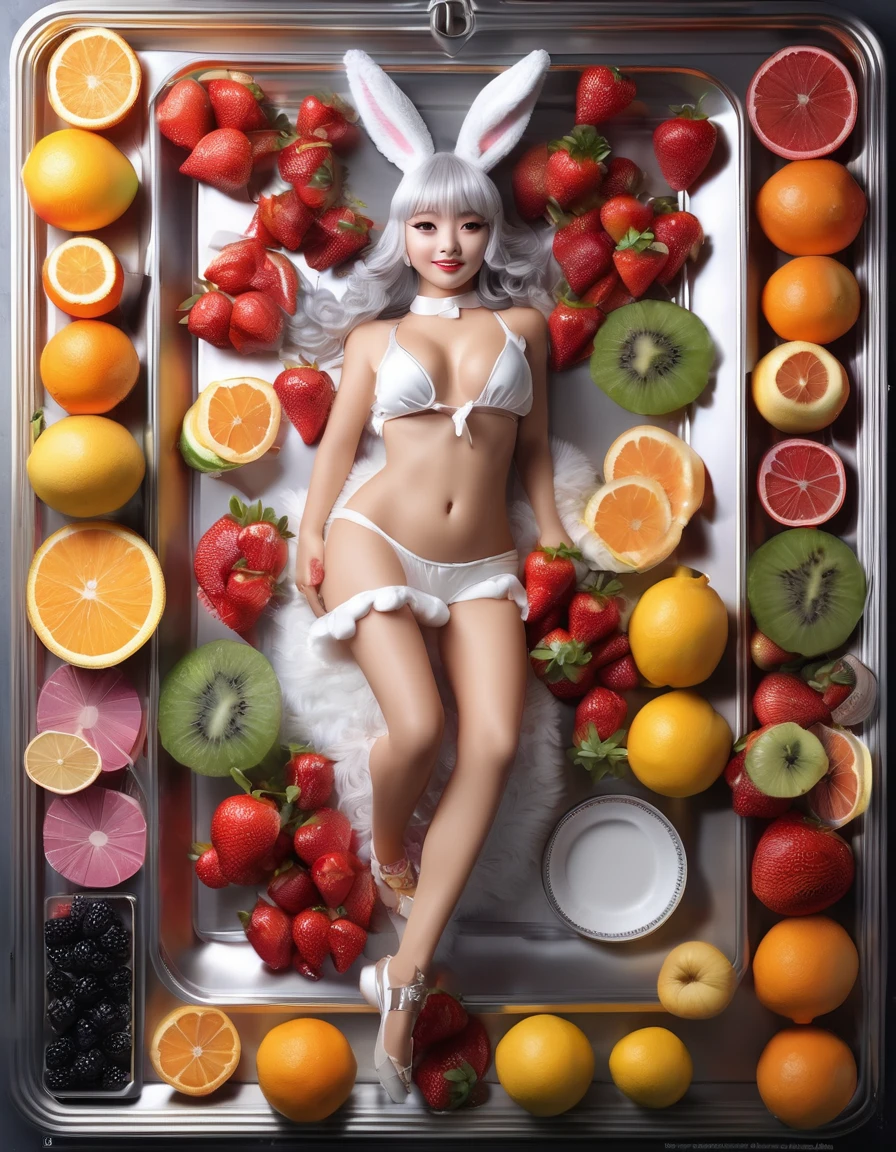 Full Body Portrait:1.4、A bunny girl is photographed from above, lying with her thighs raised on a large silver tray and her knees spread apart.:1.7、Detailed thighs、Detailed crotch、Whipped cream bikini:1.5、Decorate with lots of fruit and whipped cream、Casino Background、(Anatomically accurate body structure)、 (Highest quality、4K、8k、High Resolution、masterpiece:1.2)、Super detailed、(Real、Photorealistic、Photorealistic:1.37)、Detailed eyes、Detailed face、gorgeous、elegant、Impression, photo