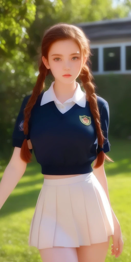 1 girl, adolescent, , russian, redhead, twin braids, Curly hair, green eyes, perfect face, shaped body, small breasts, innocent, parts, blush, realist, looking at the viewer, school uniform, skirt lift, no panties, socks, pies, thighs, Pussy, classroom, school, scenery, students in the background, Sun light, photorealism, Very detailed,