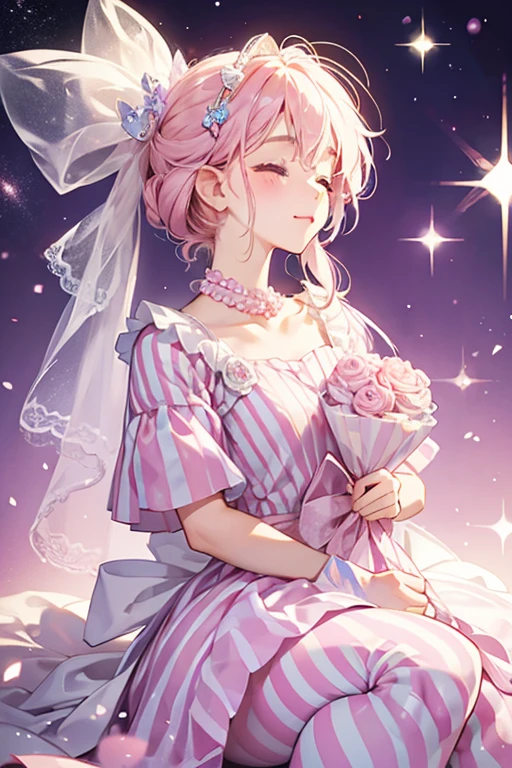 A pearl pink and lilac diagonal striped wrapped candy. Each corner is held by a white bow. She has no mouth and one eye shut with rosy cheeks. SPARKLE; GLITTER