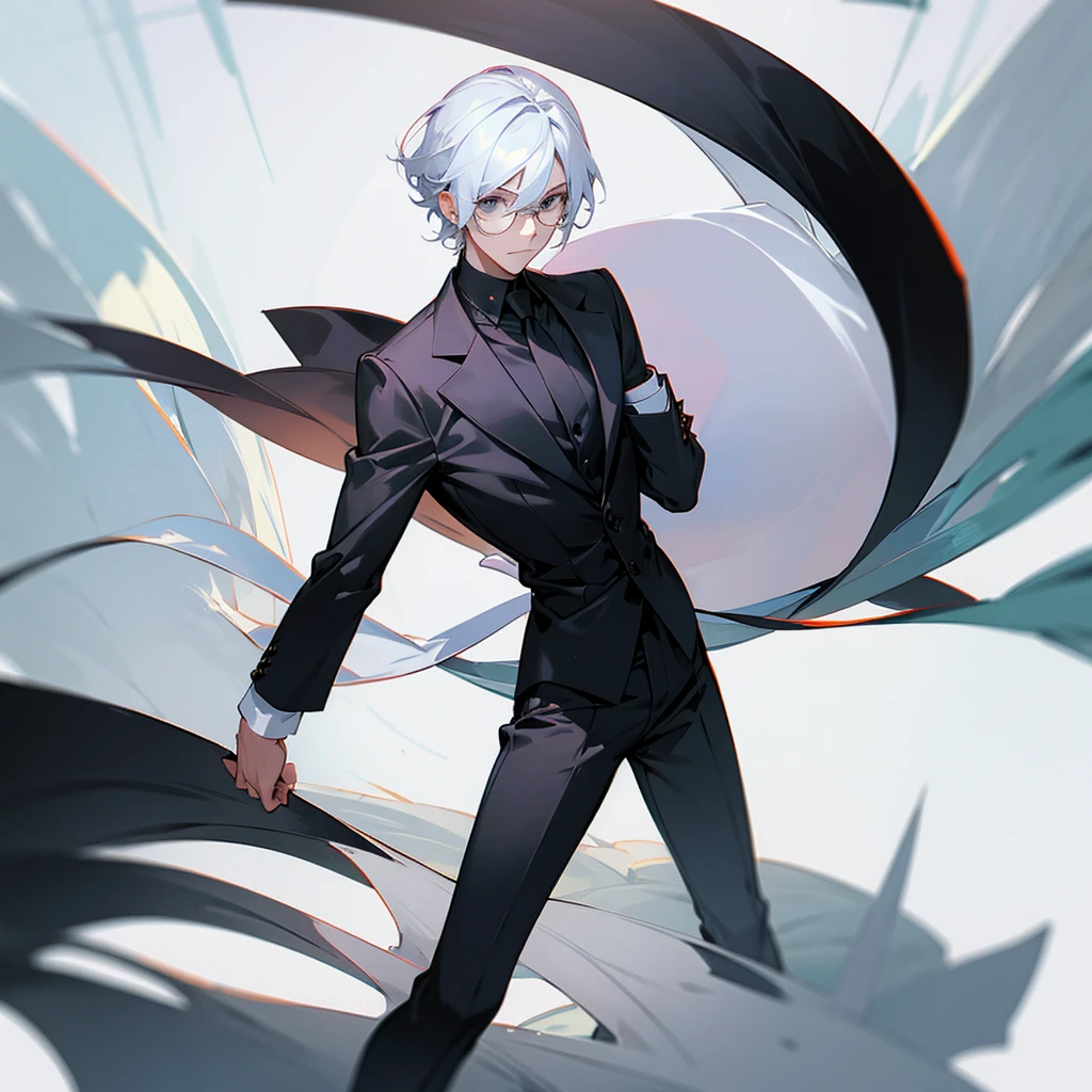 Young man with black suit white hair wearing a round hat and also a round glasses