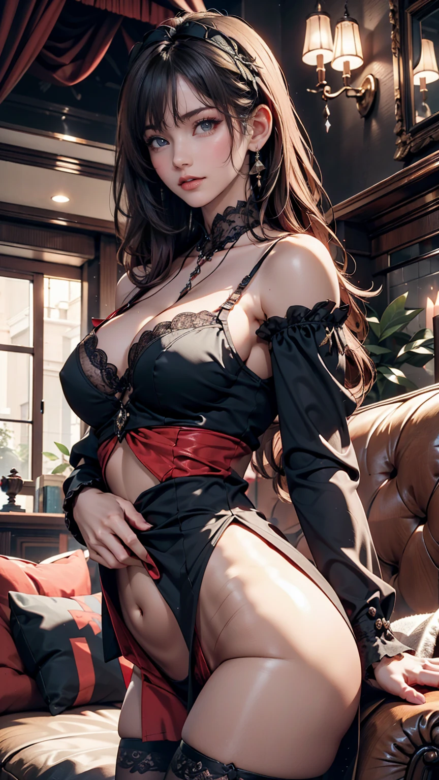 Baroque, Gothic Lolita, cute, One girl, alone, whole body, Black sofa, Black Dress, Absurd, White lace, High resolution, Super detailed, Most detailed, Red lips、Sexy proportions、Narrow waist、Erotic female body