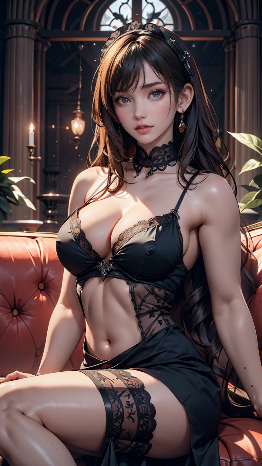 Baroque, Gothic ta, cute, One girl, alone, whole body, Black sofa, Black Dress, Absurd, White lace, High resolution, Super detailed, Most detailed, Red lips、Sexy proportions、Narrow waist、Erotic female body