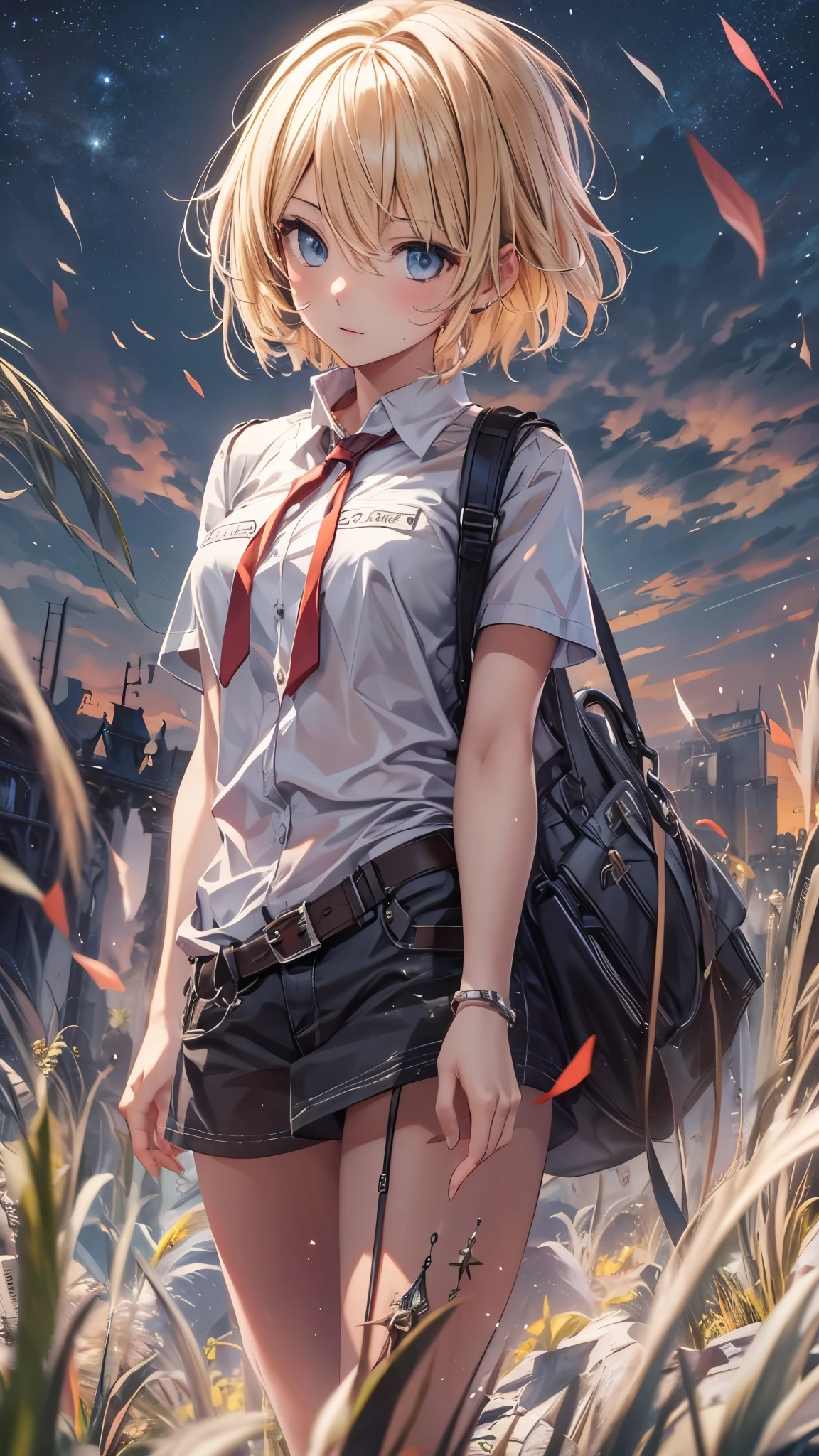 (best quality,4k,8k,highres,masterpiece:1.2),ultra-detailed,realistic,photorealistic:1.37, HDR,UHD,studio lighting,ultra-fine painting,physically-based rendering,extreme detail description,professional,vivid colors,bokeh,girl,lonely,((dark sky, giant glass land, ruined, vast grassland)),no one, blond short hair, girl in her twenties