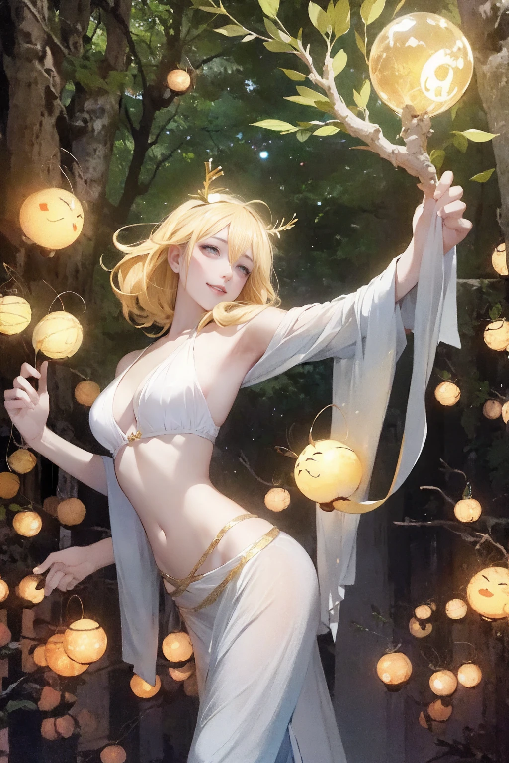 1 girl, ,,Simple smile, High-definition images, A woman, Her hair is decorated with glowing fireflies, There is a charming light in the eyes. Wearing a robe woven from moonlight, She stood in a mysterious forest，The trees come alive. on site, Bathed in the ethereal light of fireflies, Captured in an enchanted forest art style., (masterpiece, best quality, Official Art,Intricate details:1.2)，Bikini，underwear，，Ketone bodies are looming