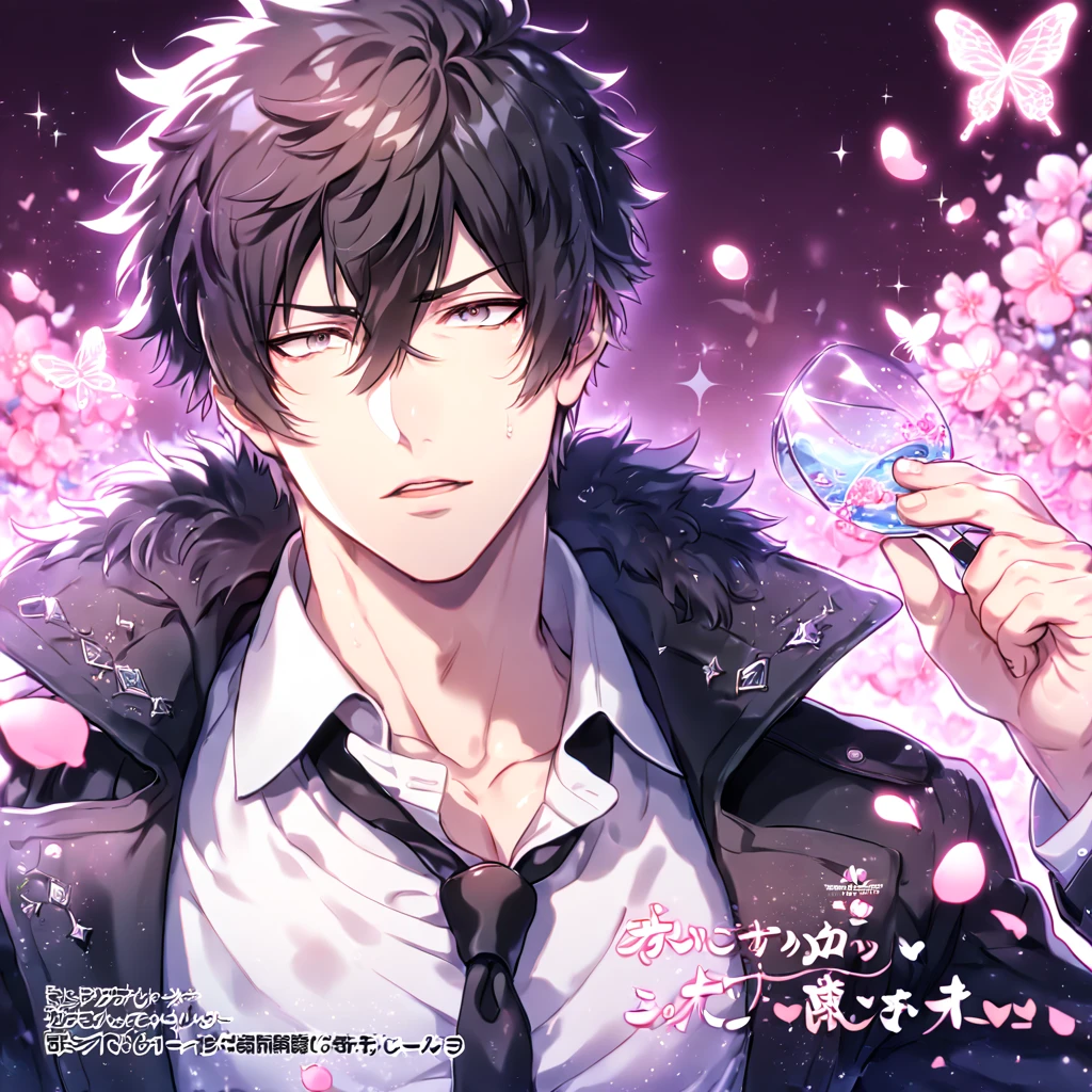 absurdres, highres, ultra detailed, HDR, master piece, best quality, Kougami Shinya, black hair, expressive gray eyes, Psycho Pass, solo, sexy man, handsome, sensual, horny, black coat with fur collar, white shirt, black necktie, water, fantasy, magical, shining, pink flowers, pink blossoms, pink petals, pink butterflies, sparkling glass, manly man