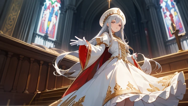 a in front of the altar of a majestic church, casting judgement with magic, her voice echoing beautifully. Magic gathers around her, enveloping her in a holy aura as she chants girl with long silver hair, Classic White Wedding Dresses、long white embroidered gloves, pope's clothing and hat, long hair, , ceremonial robes, mass vestments, , enormous puffy sleeves, long cuffs with many buttons, golden embroidery, cross details, Long Train, lots of frills and lace, red capes, gently reaches out to you, gentle smile