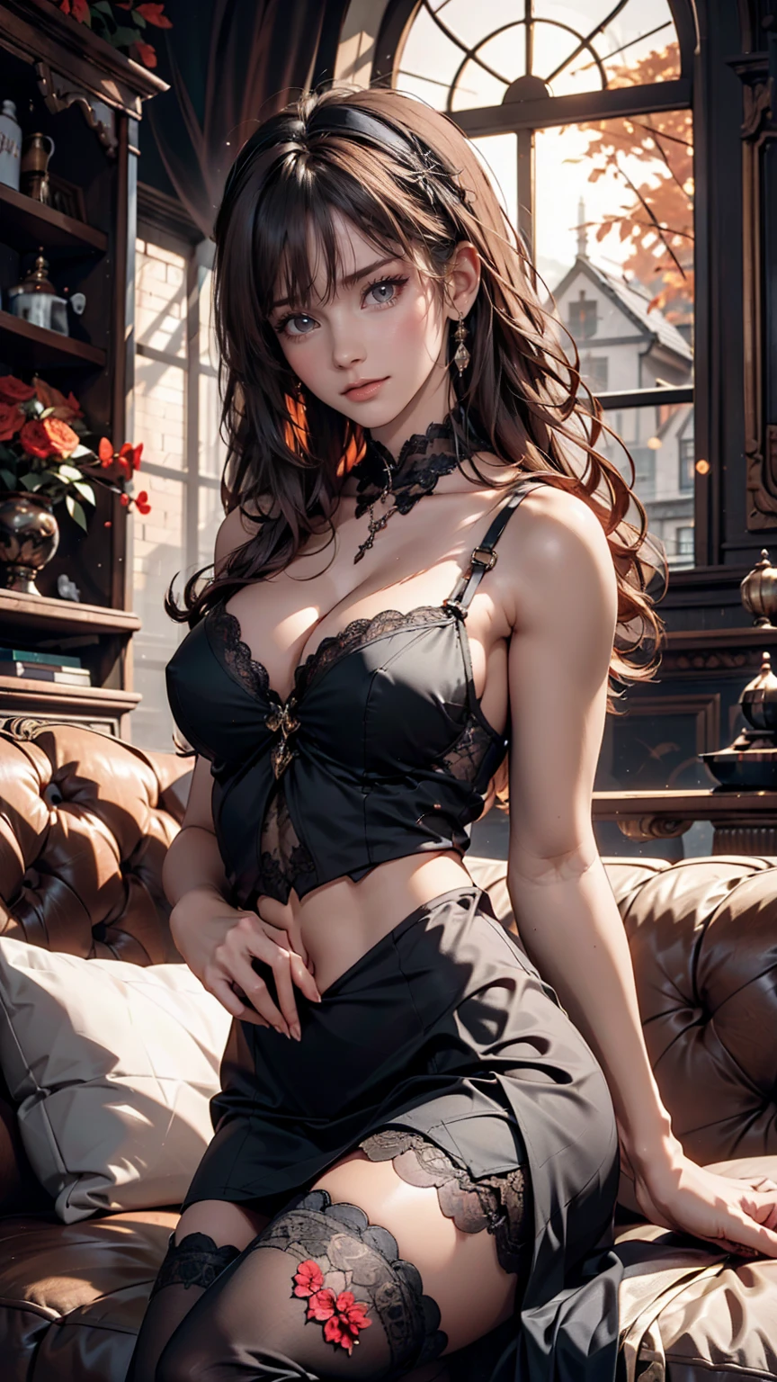 Baroque, Gothic ta, cute, One girl, alone, whole body, Black sofa, Black Dress, Absurd, White lace, High resolution, Super detailed, Most detailed, Red lips、Sexy proportions、Narrow waist、Erotic female body
