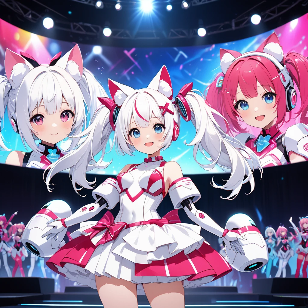 (A live stage performance by two robot idols:1.5)、One girl has red hair in twin tails, a cute face,Red and white robotic Wear a barrette,From the neck down, he's completely robotic And my chest is a little big,She is wearing a cute, cyber-inspired idol outfit in red and white.(The other girl has short white hair and cat ears:1.2). The inside of the cat ears is light pink and fluffy. She has a cute face.From the neck down, he's completely robotic.My chest is a little big,She is wearing a cyber-inspired idol outfit in white and blue.They hold a microphone in one hand and hold hands.She responded to the cheers of the audience with a smile.The backdrop of a large live hall, the fantastic glow of spotlights, and the many live monitors,A large audience,Cowboy Shot,High quality, high definition, (masterpiece, best quality,4k, 8k:1.5), ultra detail,Ultra-fine painting, Physically Based Rendering,dramatic lighting,Vivid colors,