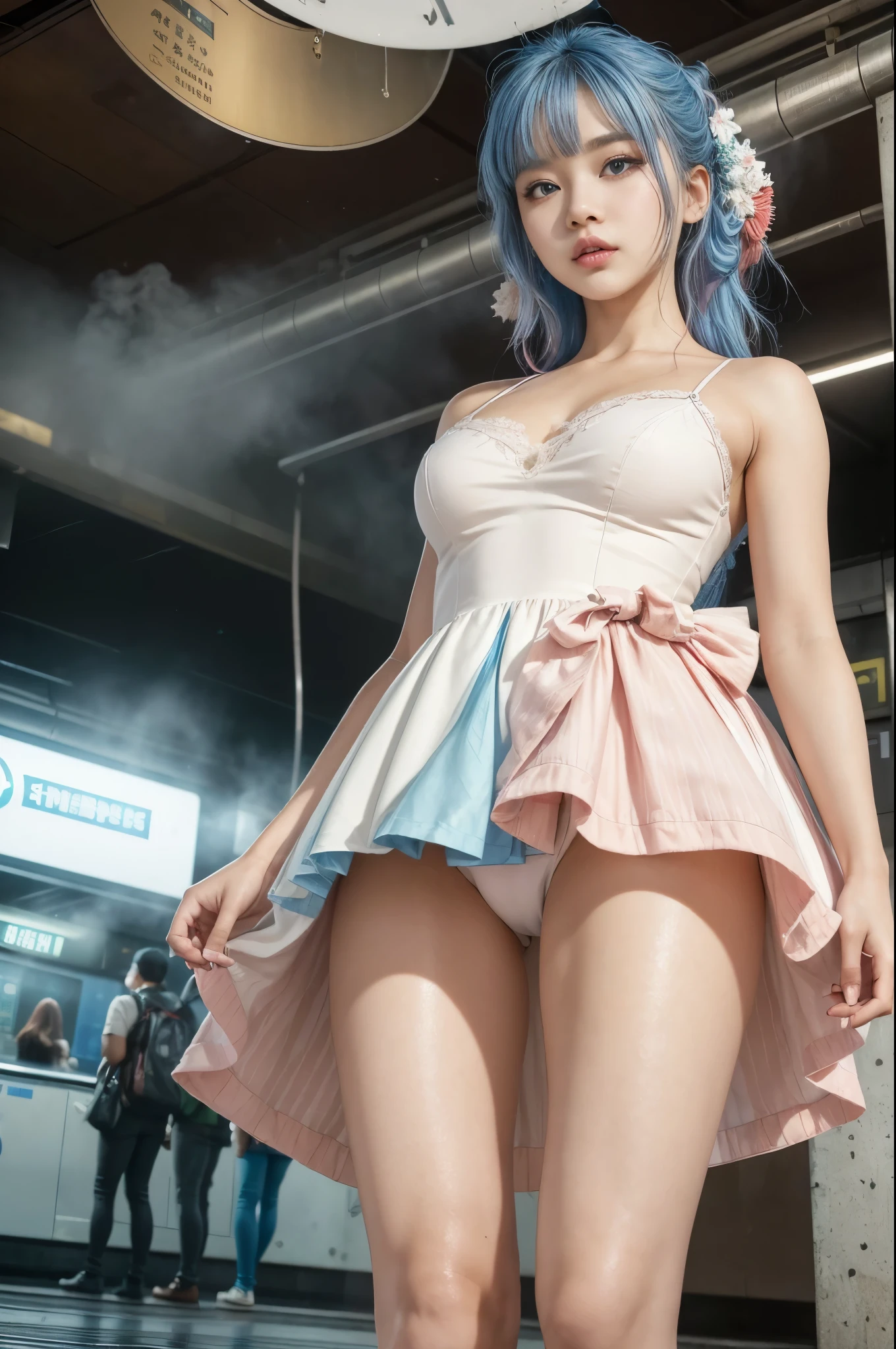 ((RAW photo), absurd, (absurdresolution)), masterpiece, best quality, (Extremely detailed 8k unity CG wallpaper), (best illustration), (best shadow), Realistic lighting, beautiful detailed glow, ((cute gorgeous girl, brown skin)), (perfect blue pupil, defined, sharp), (pink and blue hair, pastel colors), makeup, (simple red and white dress and white underwear), (bending over, left leg bent, arms outstretched holding her dress), ((Strong wind lifts her dress)), ((walking through steam vents, subway terminal)), ((view from below))