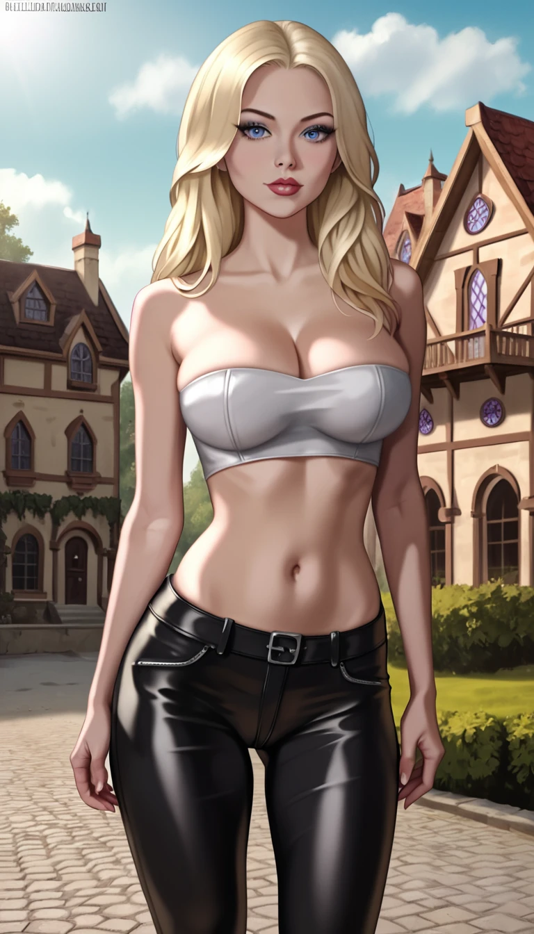 Olivia Wilde as Emma Frost, wearing black tube top and tight black leather pants, cleavage showing, pale white skin, blonde hair, beautiful detailed eyes, luscious big round breasts, slim waist, wide hips, perfect slim athletic body, ; PhotoRealistic, Ultrarealistic, highres, 8k, dark cinematic lighting; cobblestone garden behind her house, night time,