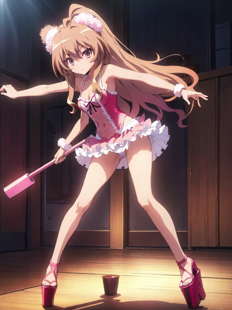 Taiga_Aisaka wearing sexy Brazilian carnival outfit and pink sexy platform open high heels posing front view