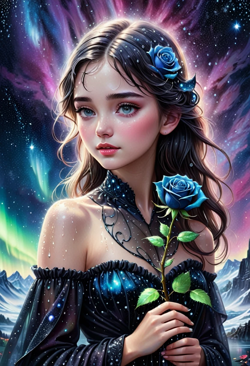 gorgeous 19 year old girl, beautiful, Darling, with a black rose in hand, dew drops on rose petals, ultra-detailed, hyperrealism, intricate details, Very detailed, crazy background with galactic constellations and northern lights, acrylic, shading