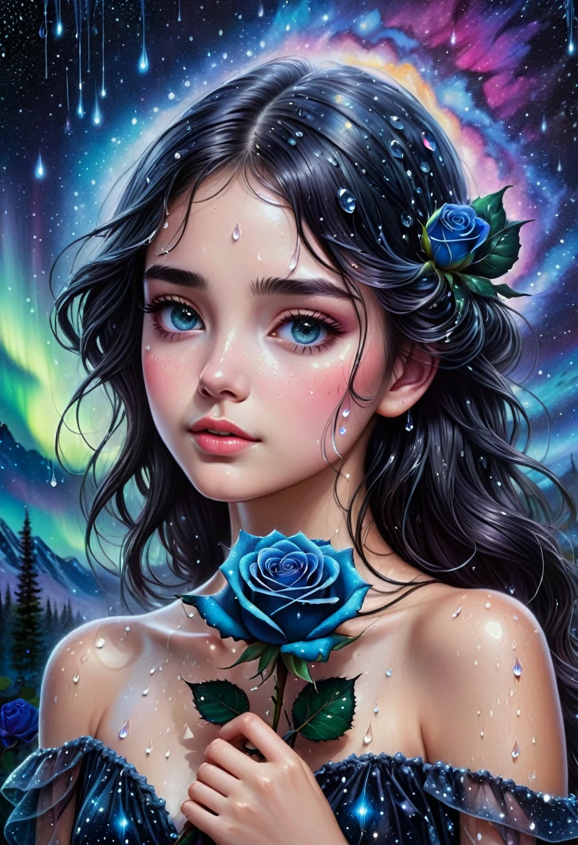 gorgeous 19 year old girl, beautiful, Darling, with a black rose in hand, dew drops on rose petals, ultra-detailed, hyperrealism, intricate details, Very detailed, crazy background with galactic constellations and northern lights, acrylic, shading