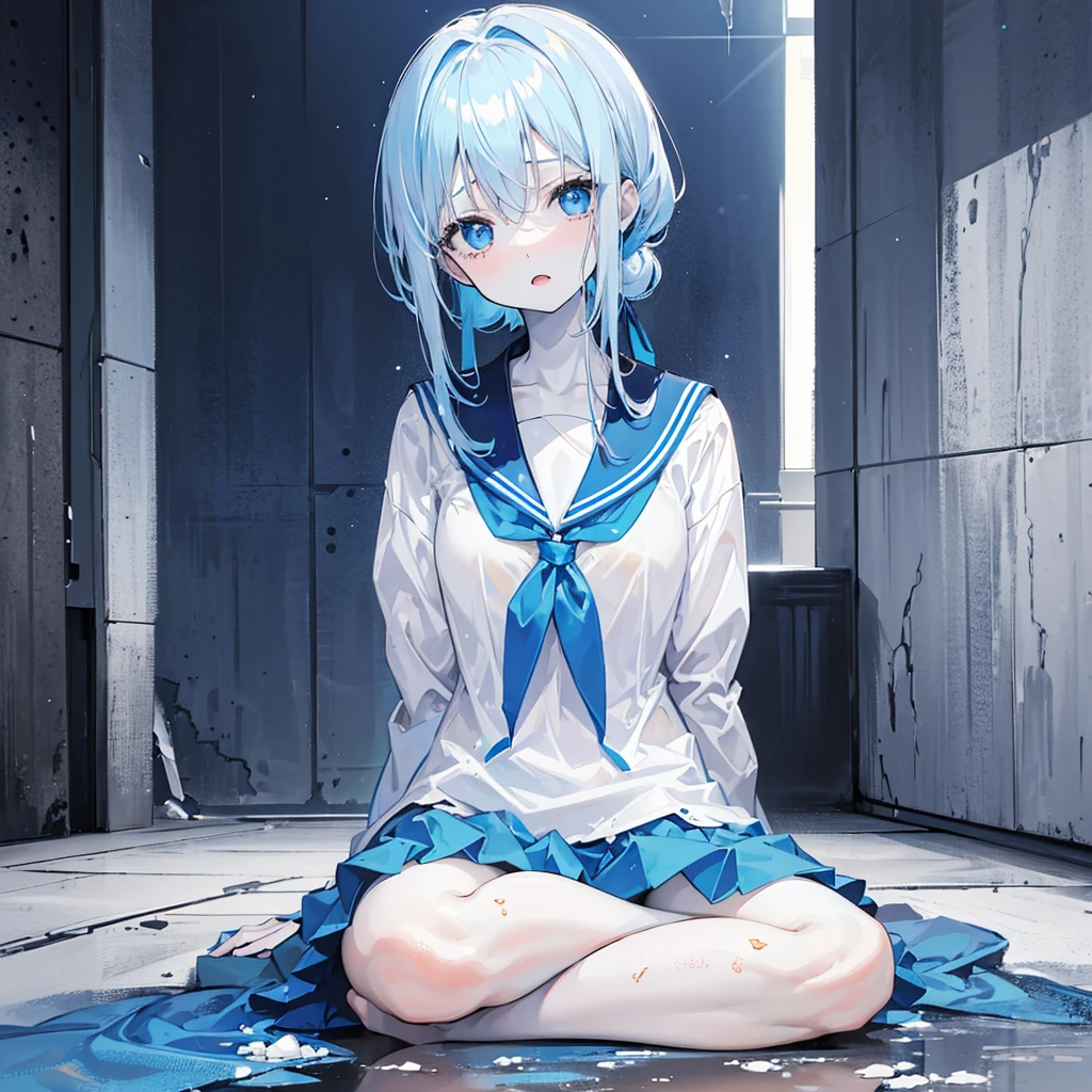 One Woman,((White skin, sitting on the floor, sadness,Despair)) background((blue,Muddy color))Straight face,Open mouth Light blue hair,ショートボブ blue目,There are no highlights,Sailor suit without shine,blue色 ペンキがかかる,blue