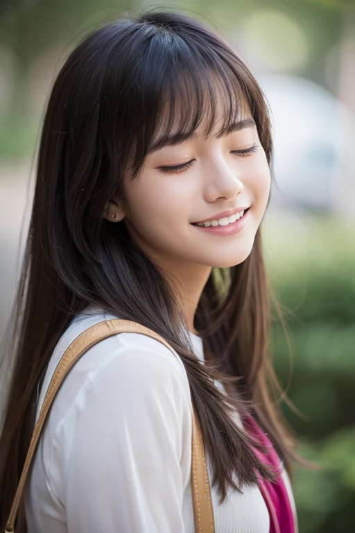 1girl, solo, closed_eyes, teeth, realistic, photo_(medium)
