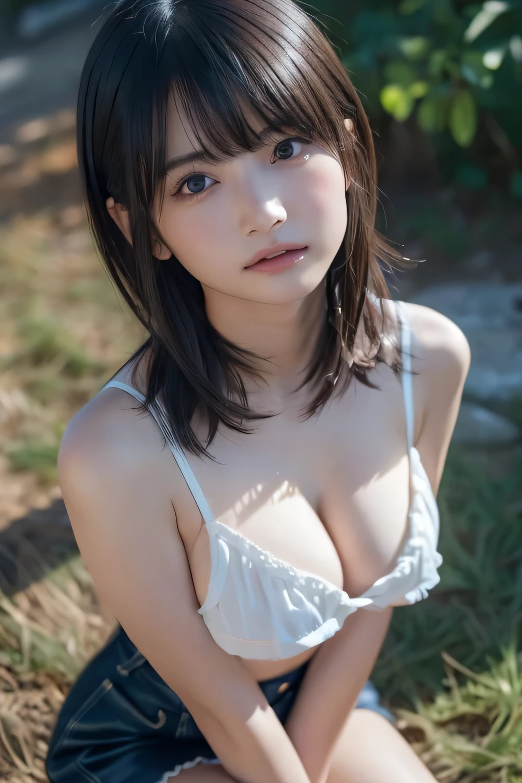 (Hyper Reality: 1.35), (Realistic: 1.4), A beautiful Japanese woman, smile, alone. (((No makeup))), masterpiece, 最high quality, high quality, alone, Very good, Puberty, Only one girl, Well-trained slim body, muscular, slim body, ((super extra enormous breast:1.4)),(((cleavage1.4))),  (最high quality)),((Very delicate and beautiful)),((Very shallow depth of field)), ((Incredibly shallow depth of field)). Familiar, ((Very delicate and beautiful)), (((Very shallow depth of field))), (((Unbelievably absurd))), dark brown hair, blowing boyish bob hair, shag messy hair, wolf cut, big hair, Windで揺れる髪, Slim body type, ((( Camera Eye)))), (((small ))), Looks like a salon model, Cool face:1.4, Neutral facial features,(ecstasy:1.3) ,(slut:1.2),(vulgarity:1.3),(fucked silly:1.1),(steam:1.1),(Wet:0.8),(trembling:0.8),(tears:0.7) ,(drooling:0.6),(sweat:0.8),open mouth,  poor, Dynamic Angle, Focus on women, {Particles of light}, Detailed Background, Soft lighting, (dramatic), sunset, very beautiful sunset, Live Action, Realistic, (blurred background), (((11 years old))), (((Wind))), ((Movement)), ((emotion)), ((colorful)), ((Baby Face)), Wither, sea background, (((Cowboy Shot))),(((nsfw))),　Handsome Tomboy, The underboob is visible, Casual clothing, Thighs are included in the composition, Sitting with legs apart leaning forward, (((Her face is slightly lowered and she is looking at me with her eyes looking up.))), (((Composition looking from above))), Both arms raised, Wearing a wide collar