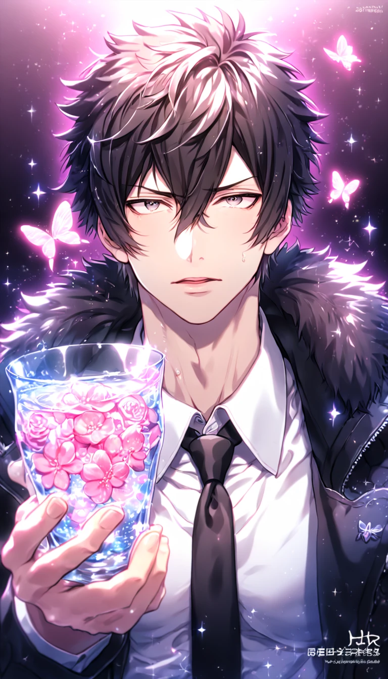 absurdres, highres, ultra detailed, HDR, master piece, best quality, Kougami Shinya, black hair, expressive gray eyes, Psycho Pass, solo, sexy man, handsome, sensual, horny, black coat with fur collar, white shirt, black necktie, water, fantasy, magical, shining, pink flowers, pink blossoms, pink petals, pink butterflies, sparkling glass, manly man