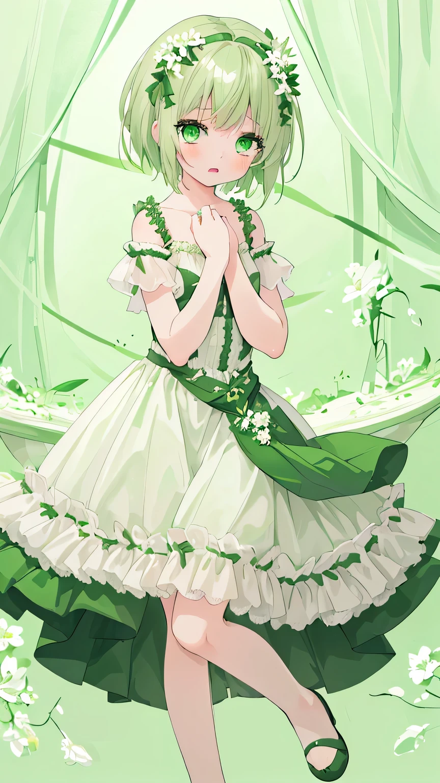 Green short hair full body picture, Green Eyes, Small white flower hair accessories , Green Dress , short and small , cry , 1 girl , best quality、high resolution
