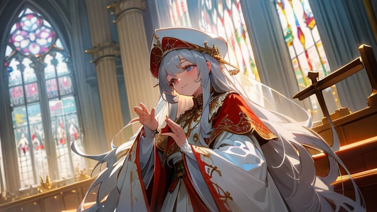 in front of the altar of a majestic church, casting judgement with magic, her voice echoing beautifully. Magic gathers around her, enveloping her in a holy aura as she chants girl with long silver hair, Classic White Wedding Dresses、long white embroidered gloves, pope's clothing and hat, long hair, , ceremonial robes, mass vestments, , enormous puffy sleeves, long cuffs with many buttons, golden embroidery, cross details, Long Train, lots of frills and lace, red capes, gently reaches out to you, gentle smile