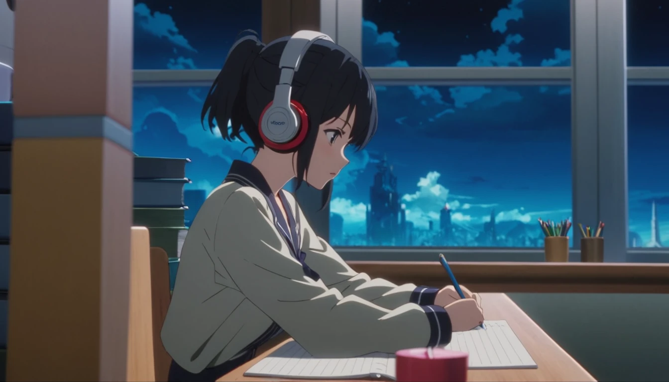 Anime girl sitting at a desk writing with headphones on,Anime scene of a girl sitting at a desk and writing in a notebook, yourname movie style, yourname, Anime movie stills, Anime movie screenshots, Anime movie screenshots, Makoto Shinkai style, Studio Greeble Makoto Shinkai, Today's featured anime is still, Anime still film Anime colored paper, A still from the anime, Scenes from animated movies、8K