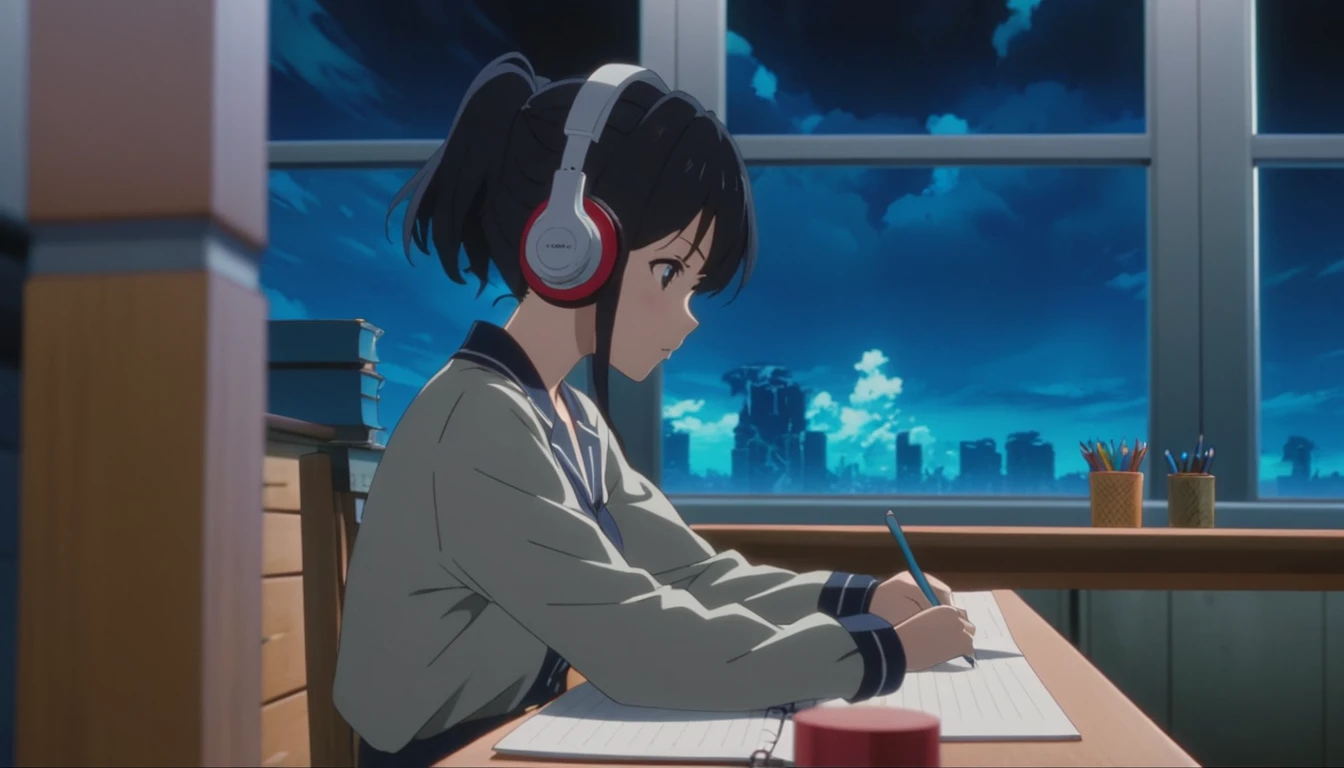Anime girl sitting at a desk writing with headphones on,Anime scene of a girl sitting at a desk and writing in a notebook, yourname movie style, yourname, Anime movie stills, Anime movie screenshots, Anime movie screenshots, Makoto Shinkai style, Studio Greeble Makoto Shinkai, Today's featured anime is still, Anime still film Anime colored paper, A still from the anime, Scenes from animated movies、8K
