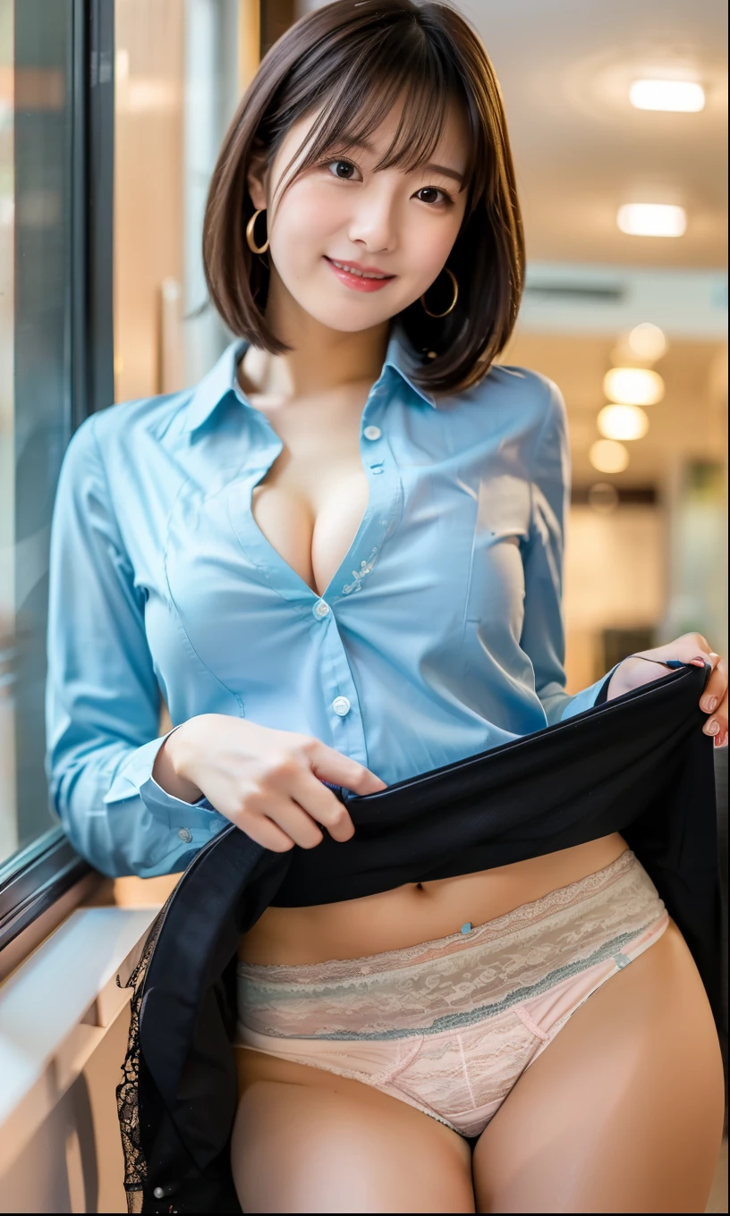 leaning forward:1.8,Detailed Sweat,Cleavage,indoor,office,Wearing a shirt,Sweating,smile、skirtリフト、skirtを手で上げる,woman, 20-year-old, Short black wavy hair、bangs、(skirt),(Lace panties)、Cute earrings、(Tilt your head a little)
