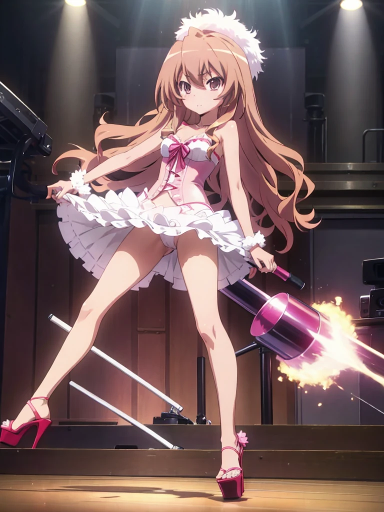 Taiga_Aisaka wearing sexy Brazilian carnival outfit and pink stripper sexy open platform high heels posing front view